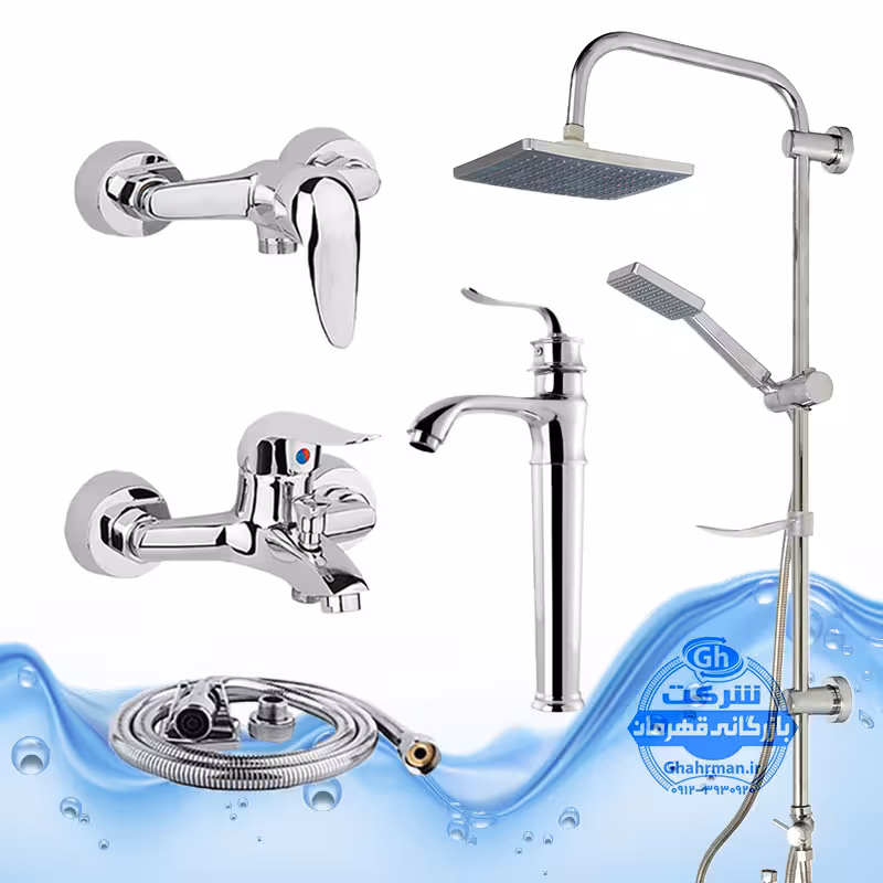 ست 5 عددی شیرآلات برند آیدا صنعت مدل قهرمان | شیر روشویی پایه‌بلند بامبو   شیر توالت   شیر حمام   علم یونیورست رسوب‌گیر اتومات   شلنگ توالت | کروم براق