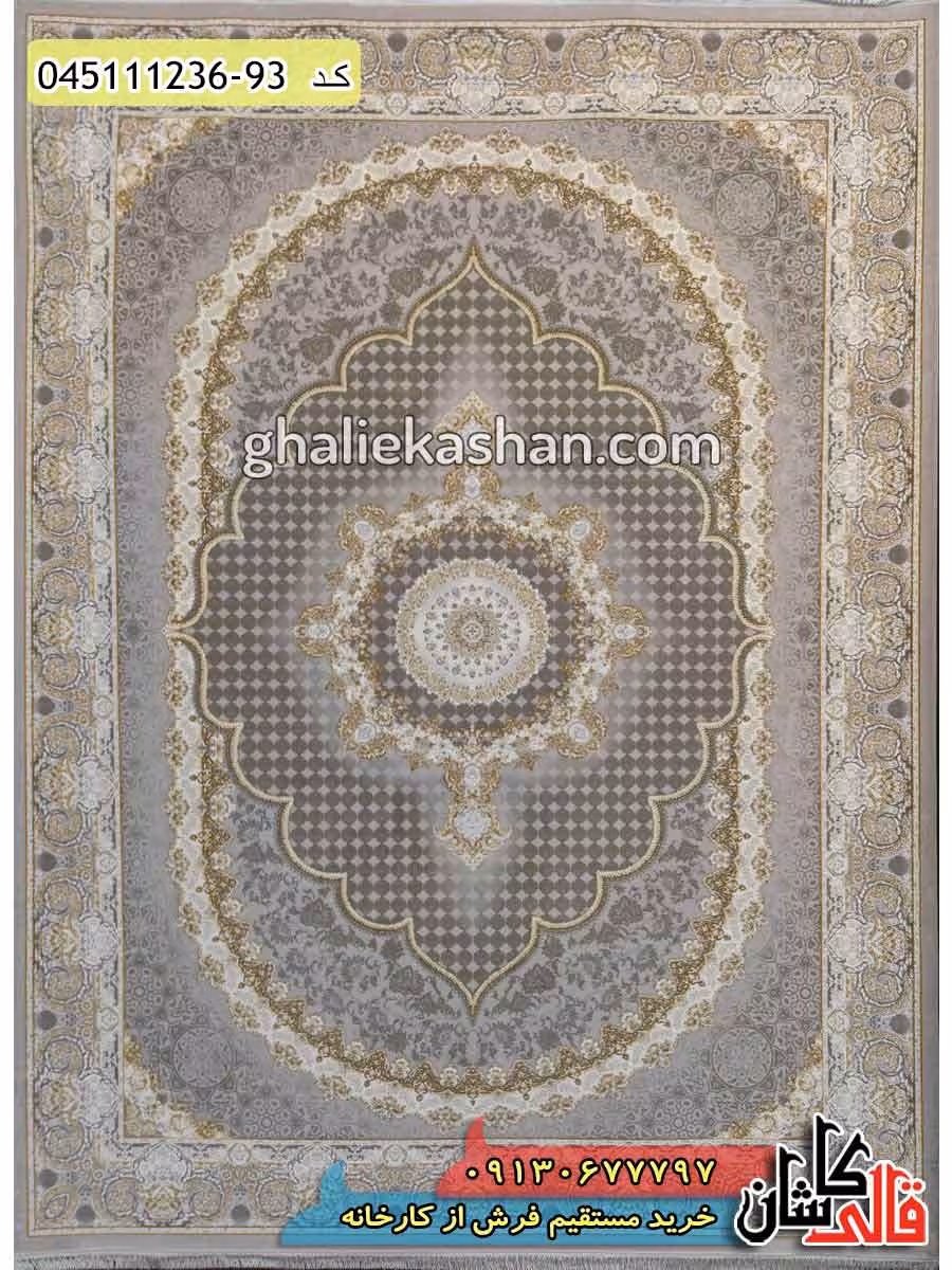 فرش طلاکوب 1200 شانه طرح صدرا لوکس زمینه نقره ای کاشان – گل برجسته