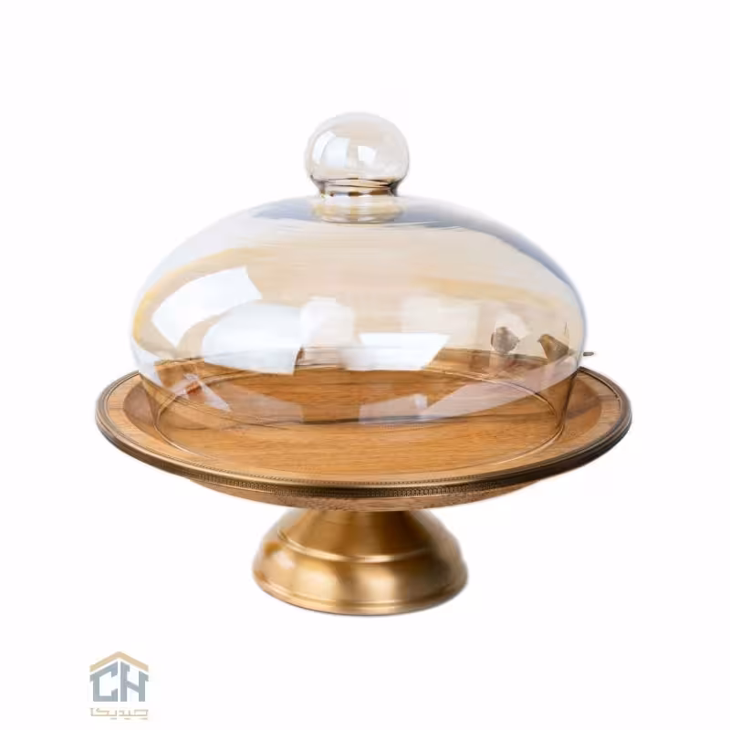 کیک استند چوب و برنج پایه دار گلدکیش با درب شیشه ای طرح WOOD مدل GK829498-99