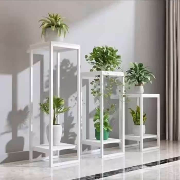 استند گلدان مجموعه3عددی (فلز سفید و mdf سفید)
