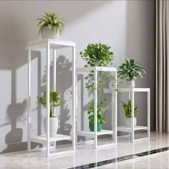 استند گلدان مجموعه3عددی (فلز سفید و mdf سفید)