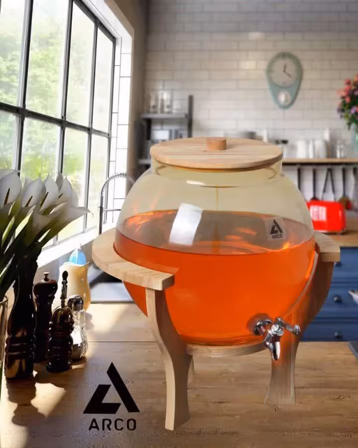 کلمن شیشه ای پایه چوب دسته دار طرح ماکان شیشه دودی