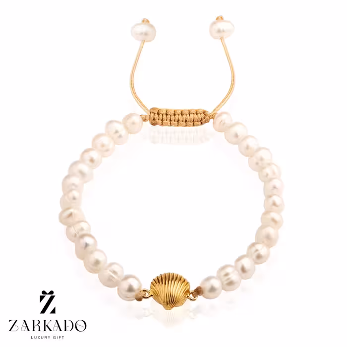 دستبند مروارید پرورشی و پلاک طلا طرح صدف