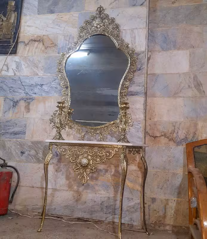آینه کنسول محرابی برنزی گل رز با شمعدان