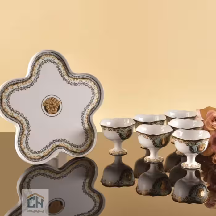 بستنی خوری چینی با سینی ست 6 تایی طرح ورساچه فیروزه ای مدل FP031WT