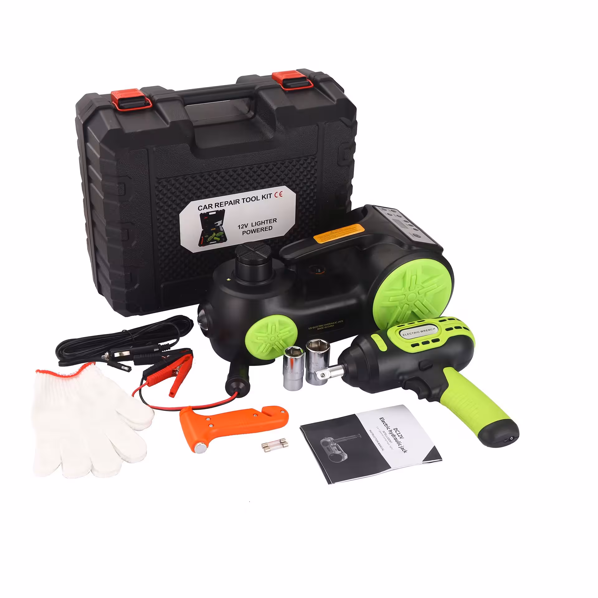 جک برقی هیدرولیک خودرو شاسی بلند مدل 5 تنی 53 سانتیمتری ریموت دار ـ کیفیت عالی(پک کامل آپاراتی جک و پمپ باد و بکس برقی و چراغ قوه)