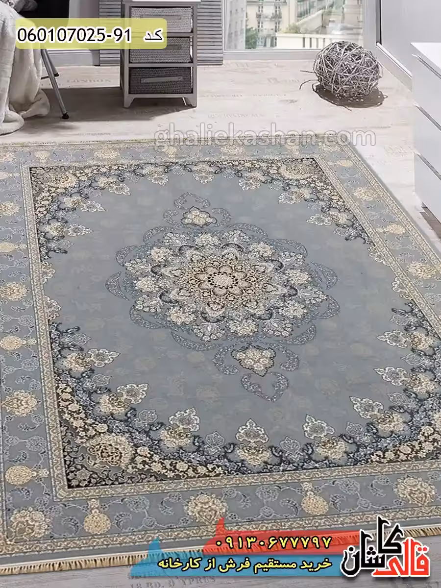 فرش طلاکوب 700 شانه طرح گلرخ زمینه طوسی نقره ای کاشان