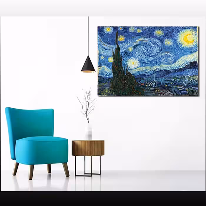 تابلو نقاشی رنگ روغن طرح شب پر ستاره ونگوگ کد 10070