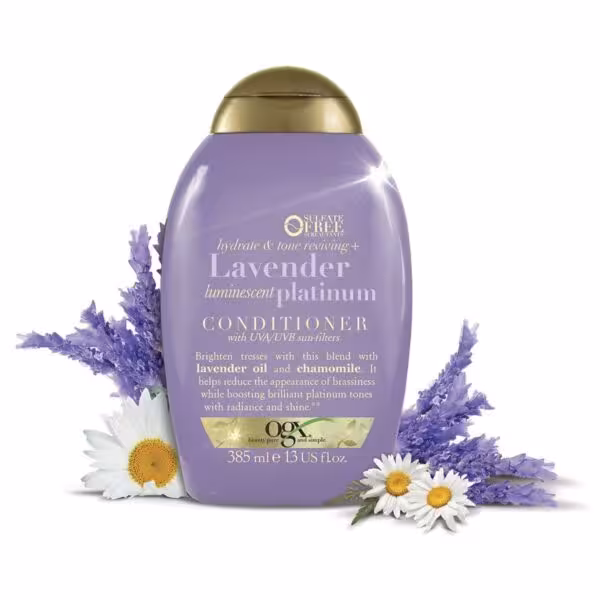 نرم کننده او جی ایکس OGX مدل لاوندر پلاتینیوم Lavender Platinum حجم 385 میل| بدون سولفات، حفظ رنگ پلاتینیوم و ضد قرمزی رنگ مو