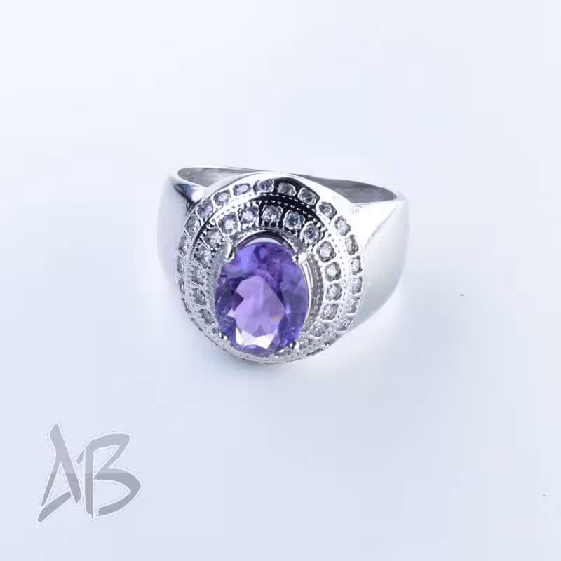 انگشتر مردانه نقره با نگین آمتیست (آماتیست) برلیان کات آقابزرگ کد 209