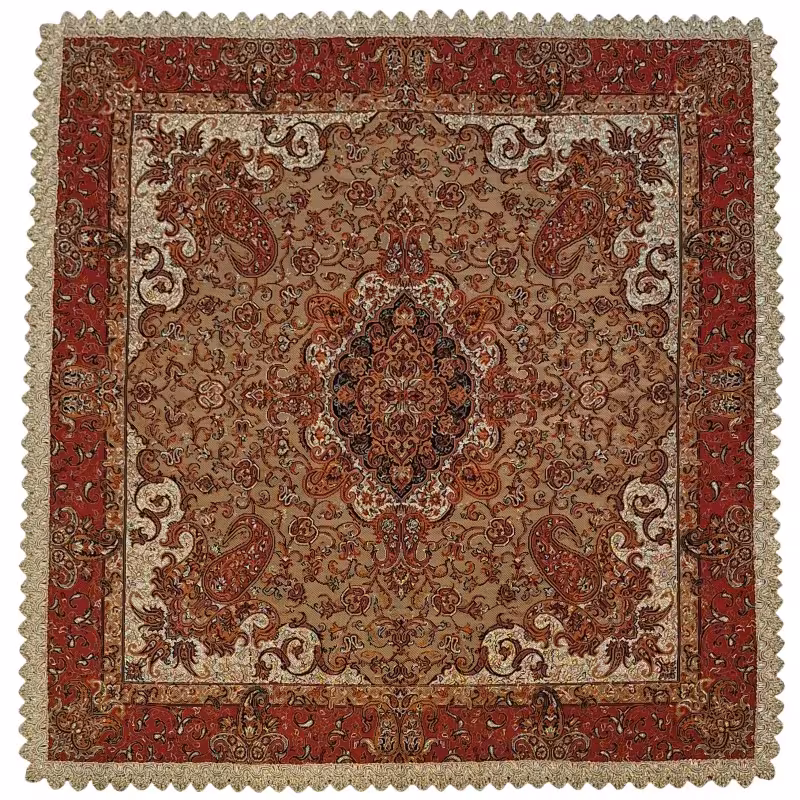 رومیزی کوچک عسلی ترمه نفیس ابریشم کد TRM236 رنگ کرم آستر شکلاتی لبه یراق دوزی