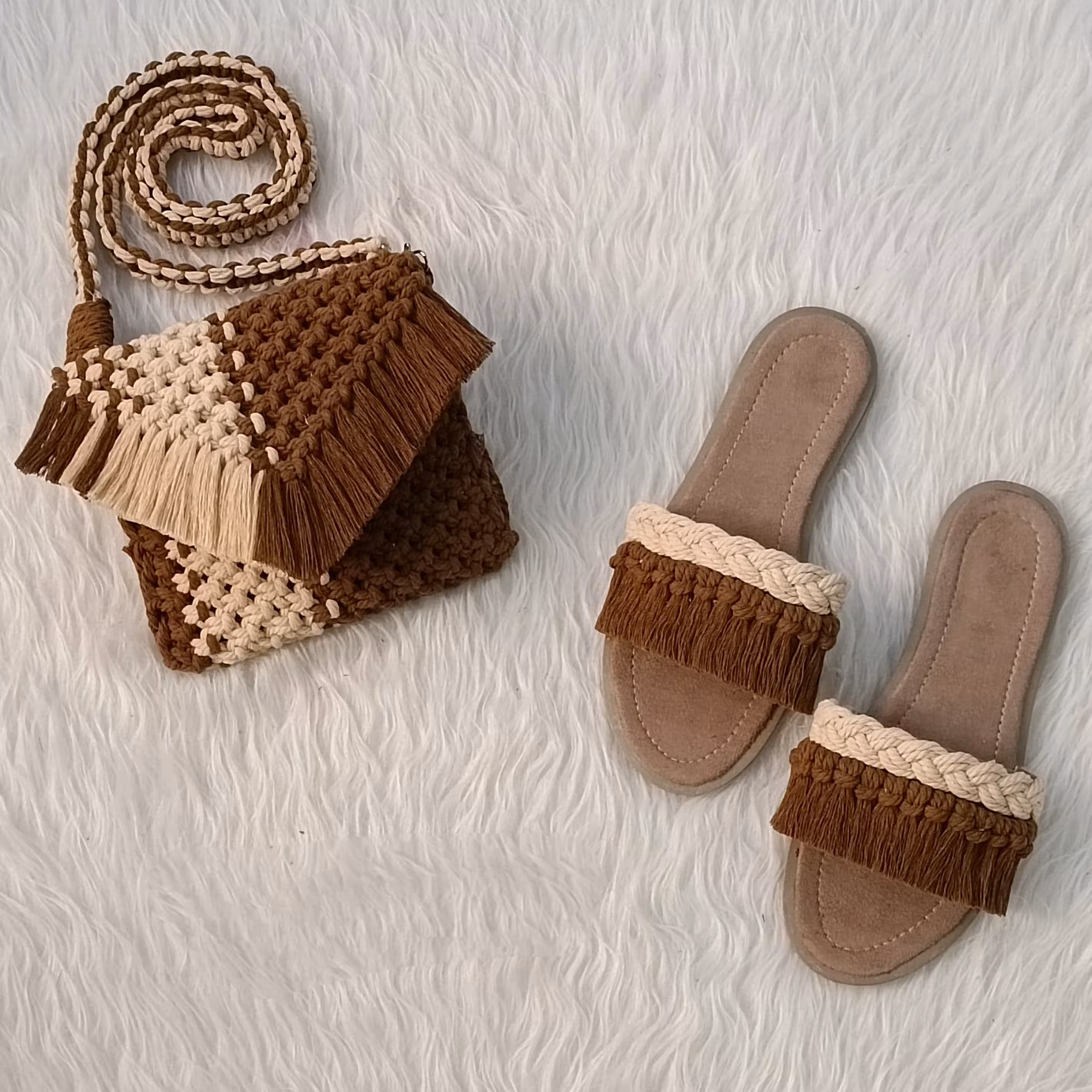 ست مکرومه بافی کرم قهوه ای