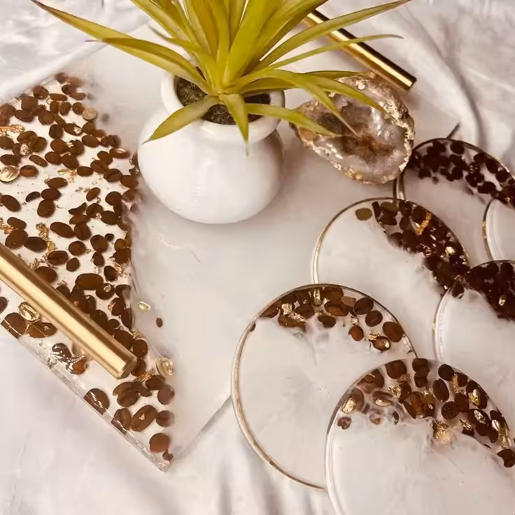 ست سینی رزینی و زیر استکانی طرح قهوه کافی شاپ