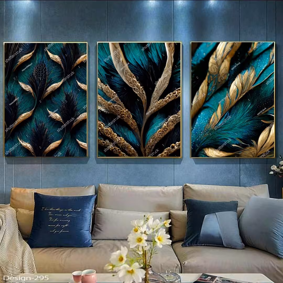 تابلو دکوراتیو پرهای طاووس سبز وطلایی لوکس سه تکه 