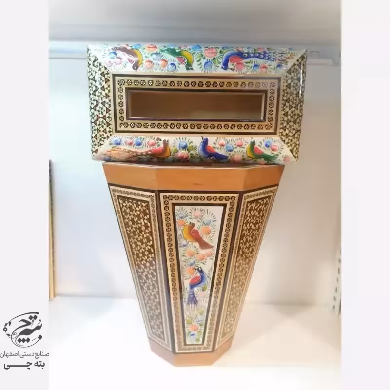 ست جعبه دستمال کاغذی و سطل  خاتم کاری مدل گل و مرغ چوبی