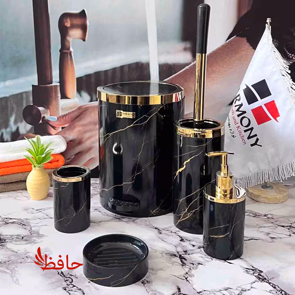 ست سرویس بهداشتی هارمونی مدل روشا طرح سنگ مشکی طلایی