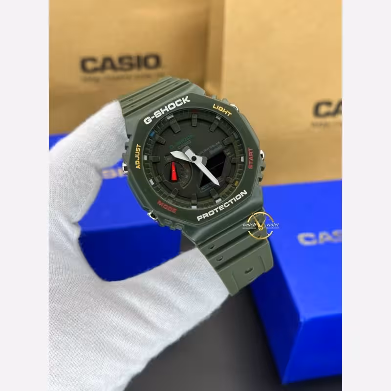 تخفیف ویژه   ساعت کاسیو جیشاک GA2100 صفحه سبز بند سبز شیک   جعبه رایگان