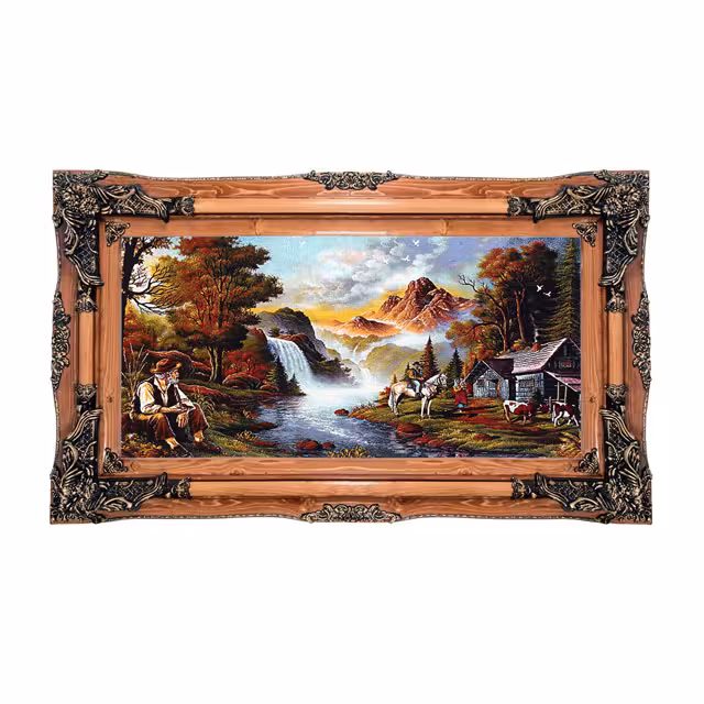 تابلو فرش ماشینی دنیای فرش طرح پیرمرد و آبشار کد 423