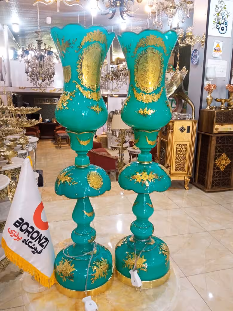 شمعدان طلاکوب فیروزه ای