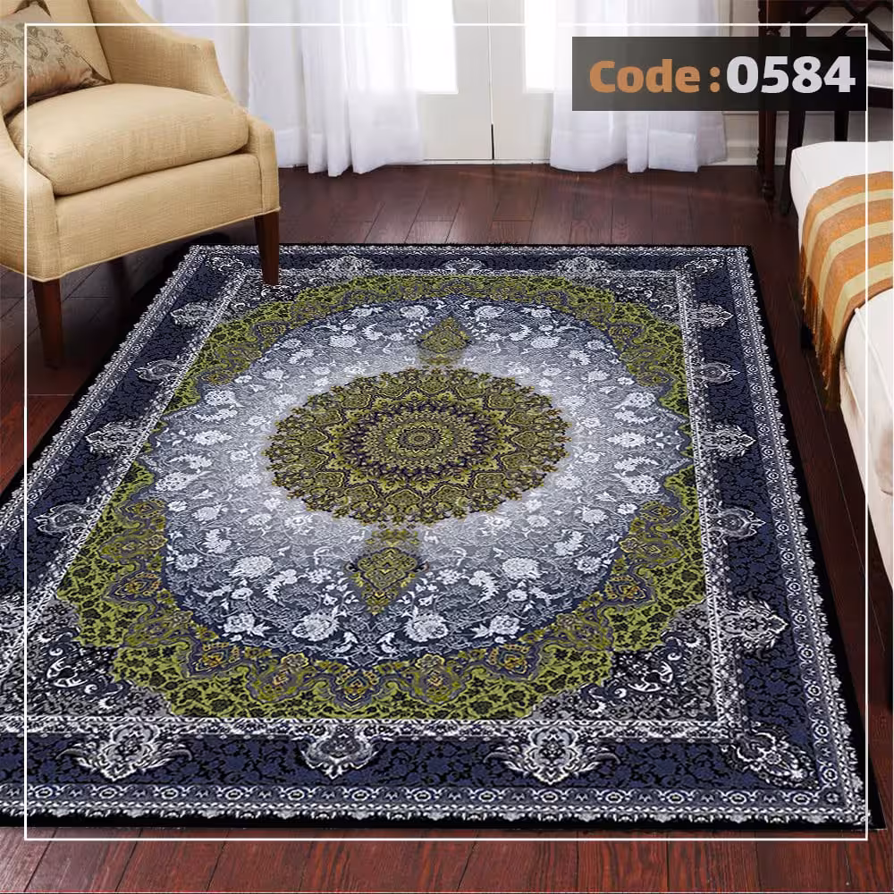 کاورفرش روفرشی دورکشدار گوشه لیفه ای لاکی ، آبی و متنوع کد 0584