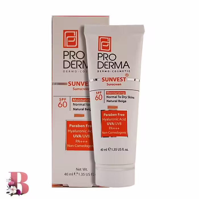 کرم ضد آفتاب و مرطوب کننده بژ طبیعی پرودرما SPF 60 مدل Moisturizing حجم 40 میلی لیتر |  PRODERMA SPF 60 SUNSCREEN & MOISTURIZING NORMAL TO DRY SKIN NATURAL BEIGE 40 ML