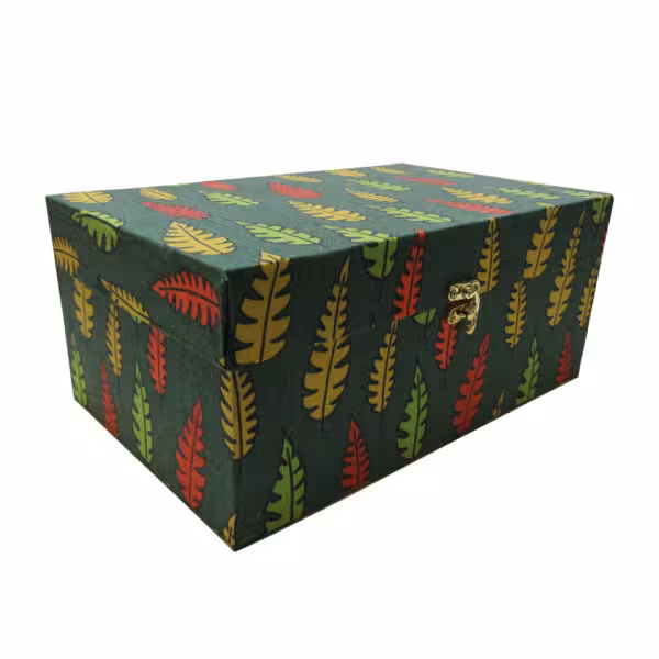 پاییز جعبه درب دار 18*28 زمینه سبز طرح برگ های رنگی