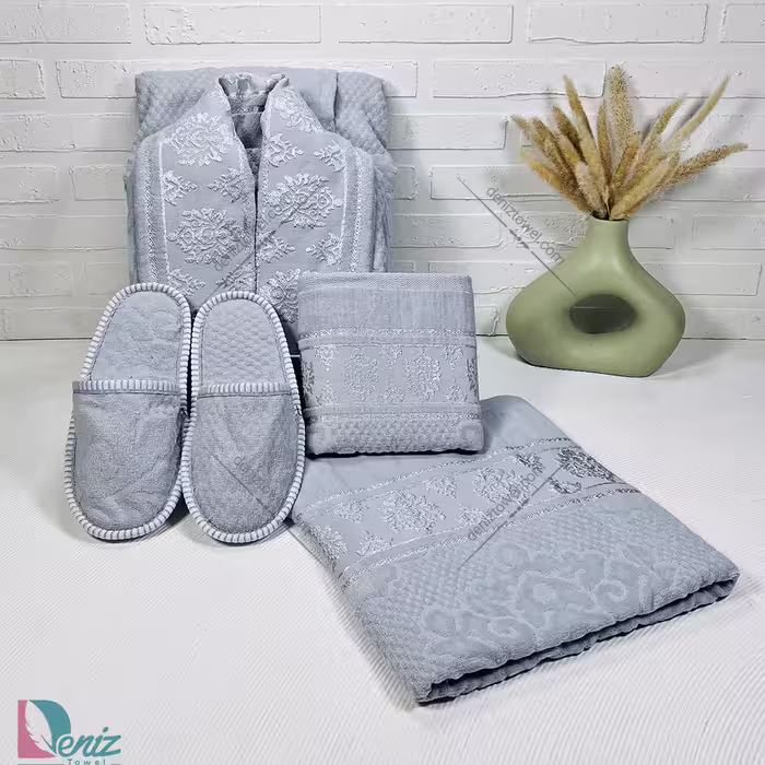 حوله ست یک نفره ژاکارد رنگ طوسی