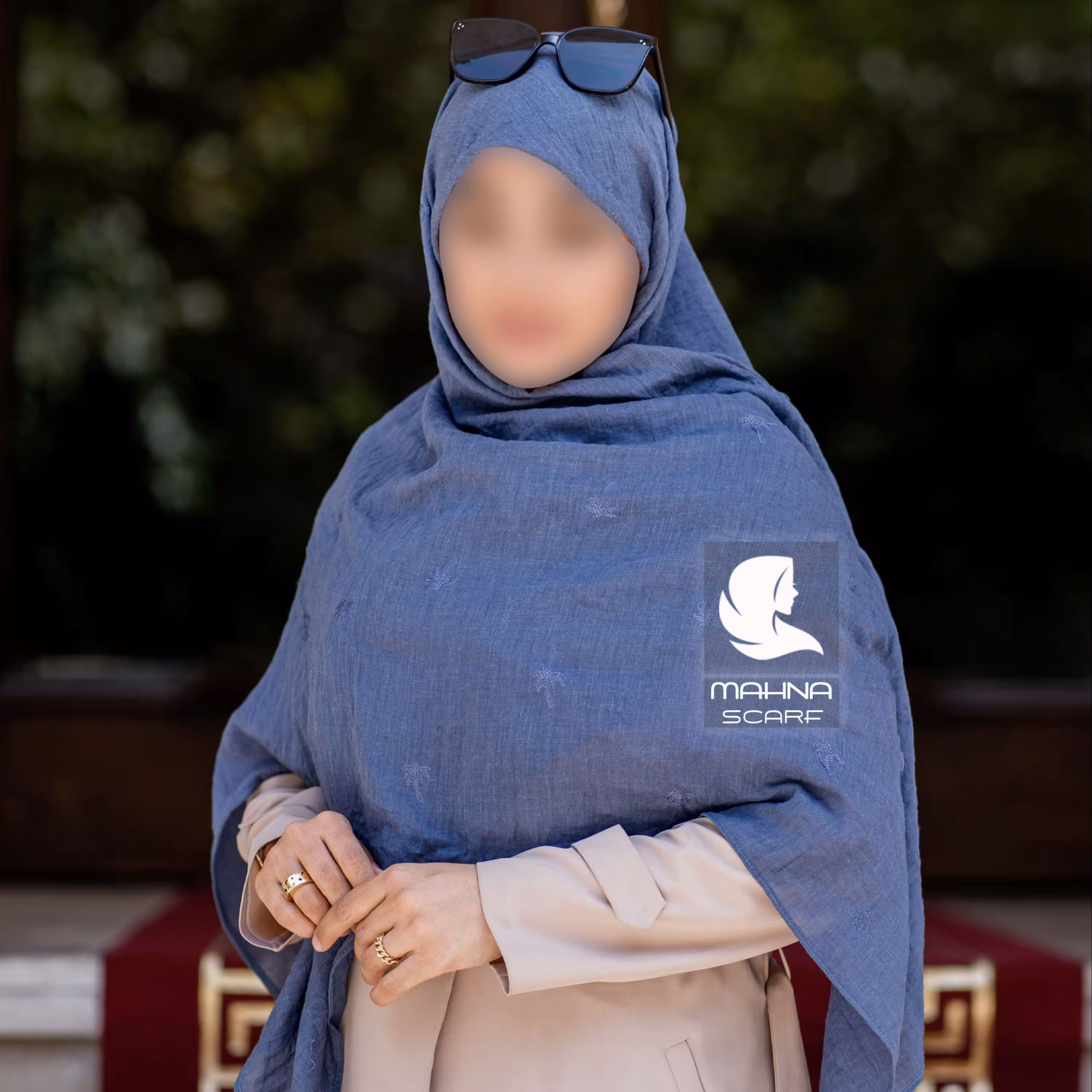 روسری وال نخی گلدوزی آبی نفتی
