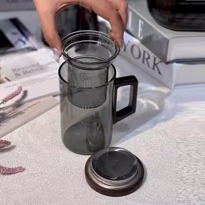 ماگ دمنوش پیرکس درب بامبو دسته چوبی رنگ دودی
