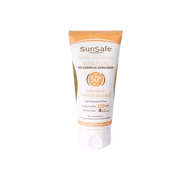 سان سیف فلوئید ضدآفتاب فیزیکال SPF 50 مناسب پوست حساس بی رنگ 50 میلی لیتر - داروکاو