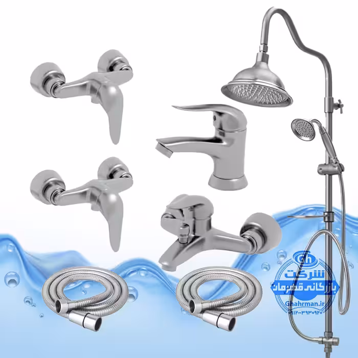 ست 7 عددی شیرآلات برند آیدا صنعت مدل قهرمان | شیر روشویی   حمام   2 عدد توالت   علم دوش شیپوری   2 عدد شلنگ توالت | کروم مات