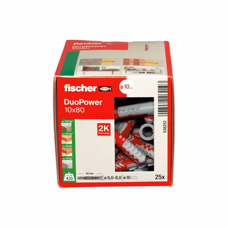 فیشر دووپاور 10×80 | رولپلاک پلاستیکی حرفه‌ای | بسته 25 عددی | قطر 10 میلی‌متر | طول 80 میلی‌متر | مناسب برای بتن و مصالح ساختمانی | مقاومت بالا در برابر کشش | محصول اصلی فیشر آلمان