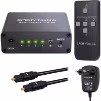 سوئیچ 4×1 SPDIF دیجیتال صوتی اپتیکال با کنترل از راه دور پشتیبانی از Dolby AC3 DTS با کابل نوری 2M و منبع تغذیه eSynic Toslink