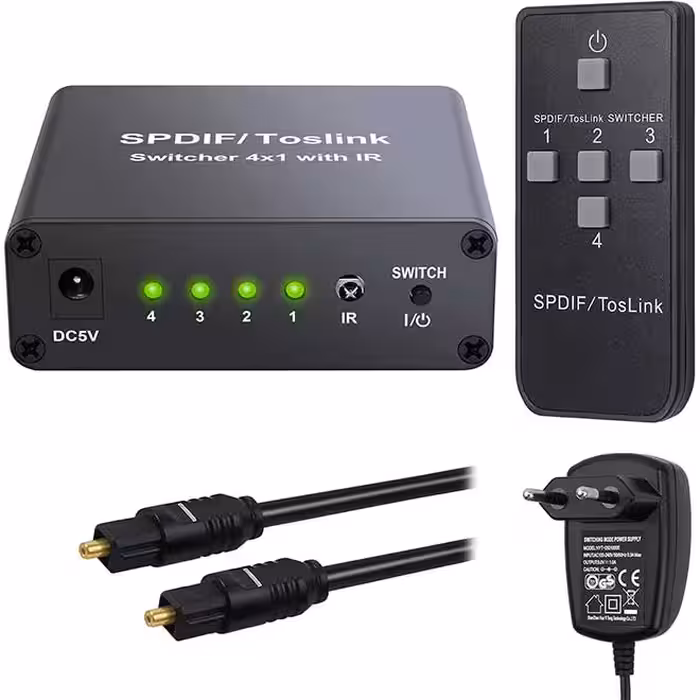سوئیچ 4×1 SPDIF دیجیتال صوتی اپتیکال با کنترل از راه دور پشتیبانی از Dolby AC3 DTS با کابل نوری 2M و منبع تغذیه eSynic Toslink