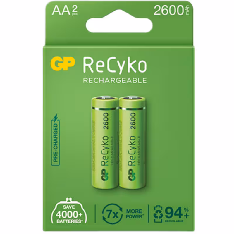 باتری قلمی قابل شارژ جی پی مدل Rechargeable Recyko 2600 بسته دو عددی
