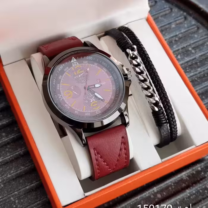 ست ساعت و دستبند مردانه چرم 