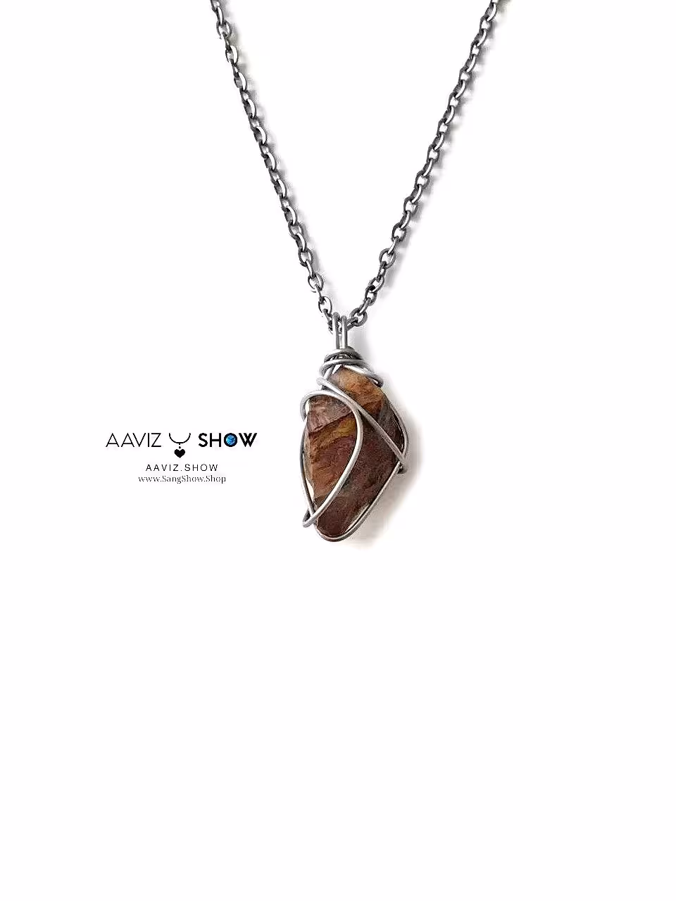 گردنبند سنگ جاسپر موکائیت راف و معدنی با قاب مفتولی ویژه A930