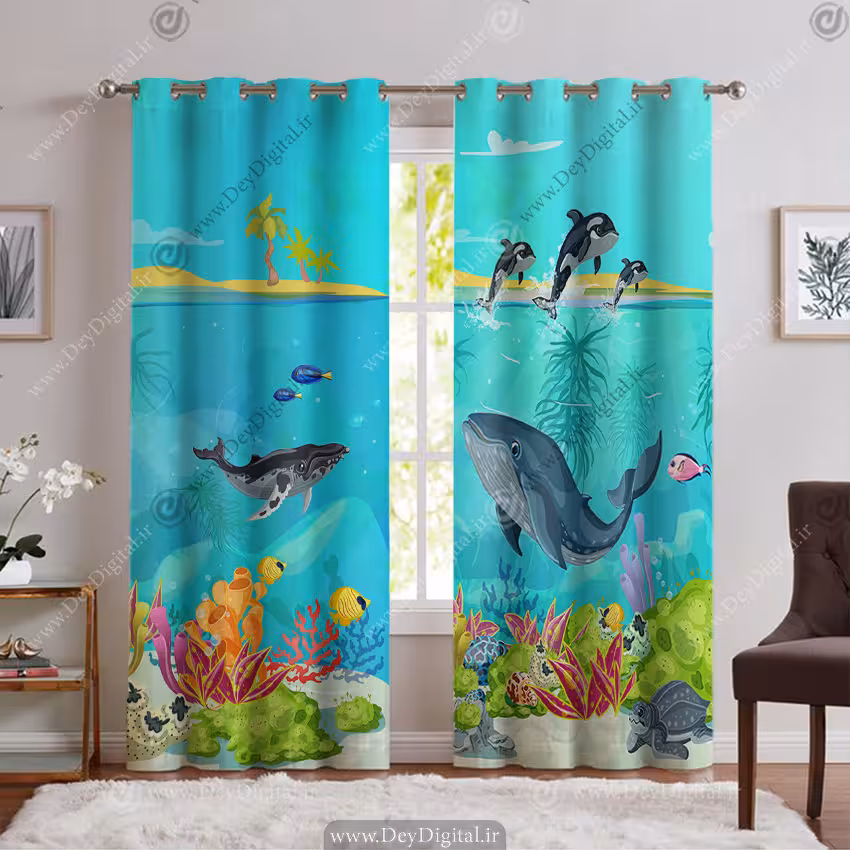 پرده چاپی طرح دریای با ماهی و کوسه PK-6284