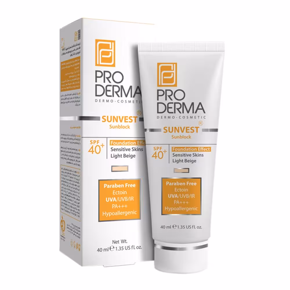 کرم ضد آفتاب فیزیکال کرم پودری بژ روشن پرودرما ⁺SPF40 مناسب پوست های حساس ۴۰ میلی لیتر