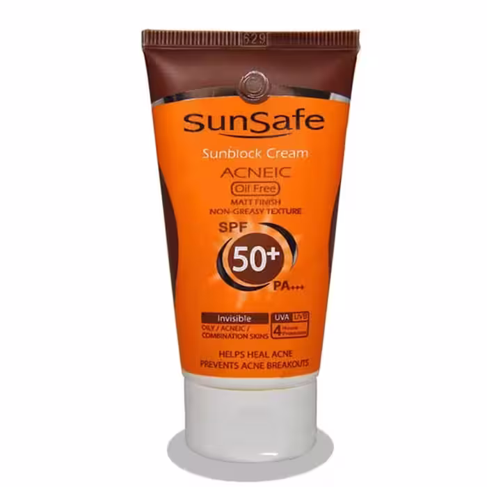 کرم ضد آفتاب سان سیف SPF50 فاقد چربی مناسب پوست چرب و آکنه ای
