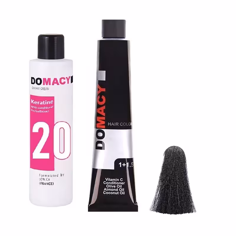 رنگ مو دوماسی شماره 1.00 حجم 120 میلی لیتر رنگ مشکی به همراه اکسیدان کد 01 شش درصدی حجم 180 میلی لیتر