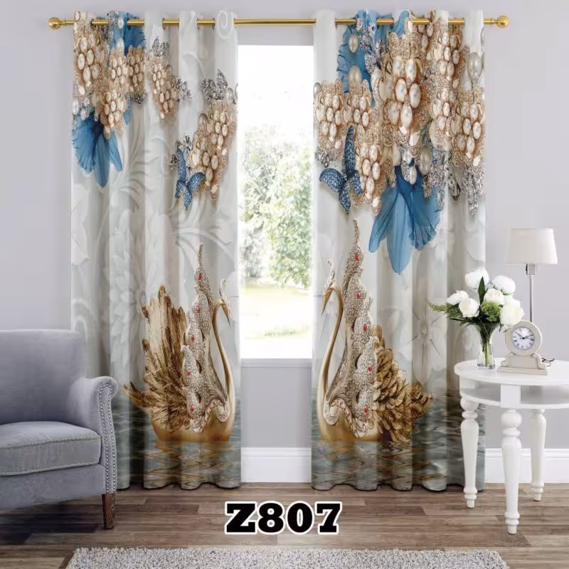 پرده سه بعدی طرح گل و قو