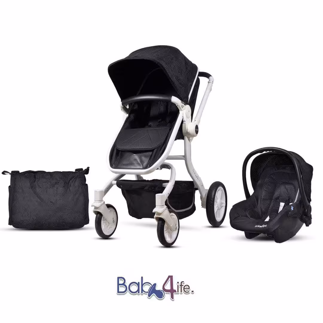 ست کالسکه کریر و ساک لوازم رنگ مشکی سفید گوبی بیبی فورلایف BABY4LIFE