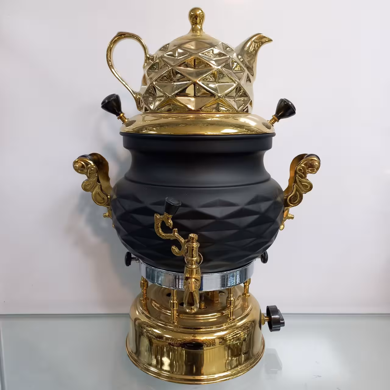 سماور گازی سیلور مدل نگین مشکی اناناسی ترموکوپلدار