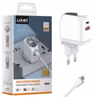 آداپتور شارژ 2پورت با کابل دوسر Type C LCDدار LDNIO A2522C QC3.0 PD