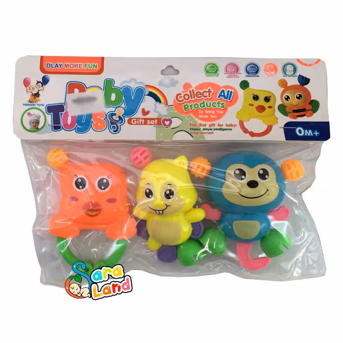 ست جغجغه حیوانات بسته 3 عددی شامل میمون و سنجاب و پرنده