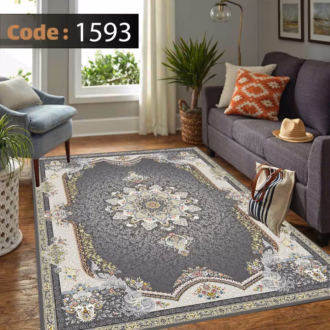 کاورفرش روفرشی دورکشدار گوشه لیفه ای طوسی کرم کد 1593