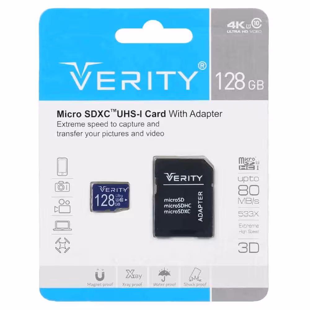 رم میکرو وریتی Verity microSDXC &amp; adapter UHS-I U3 Class 10 Extreme-80MB/s-128GB