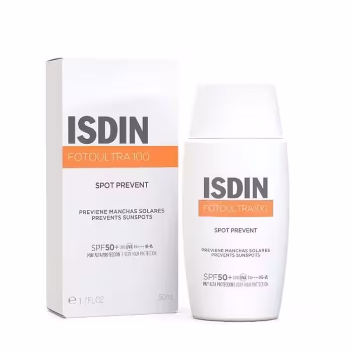 ضد آفتاب بی رنگ و ضد لک اسپات پریونت ایزدین ISDIN FOTO ULTRA 100 SPOT PREVENT SPF 50  50 ML