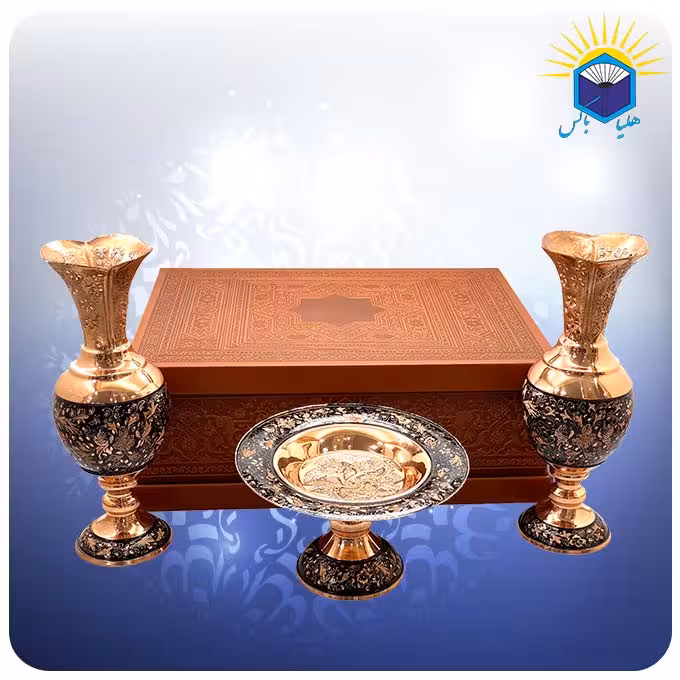 ست دو سنبلدان 30 سانت و شیرینی خوری 20 سانت مس و الماس تراش با جعبه ام دی اف چرمی